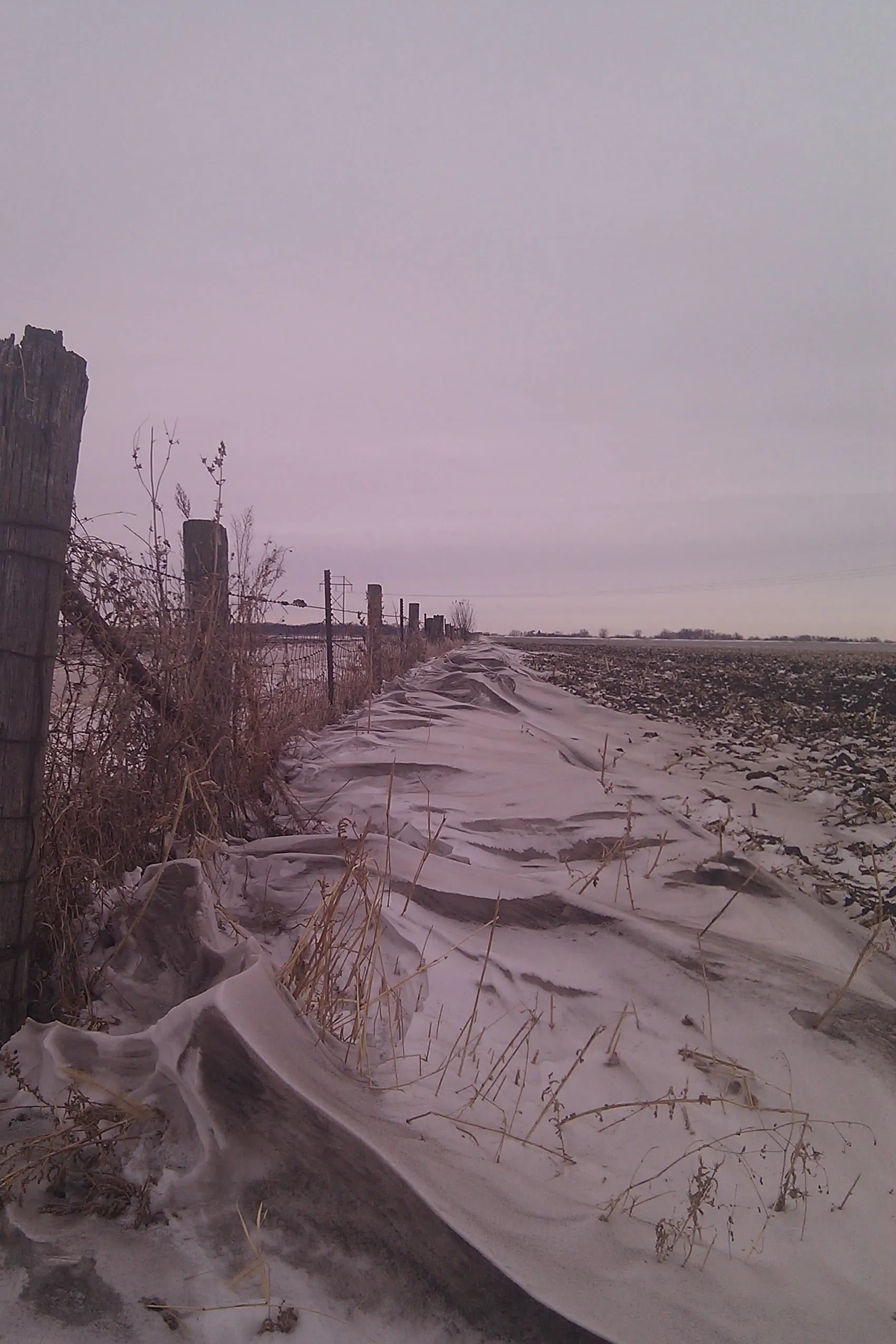 a long fenceline in wintertime along a corn field