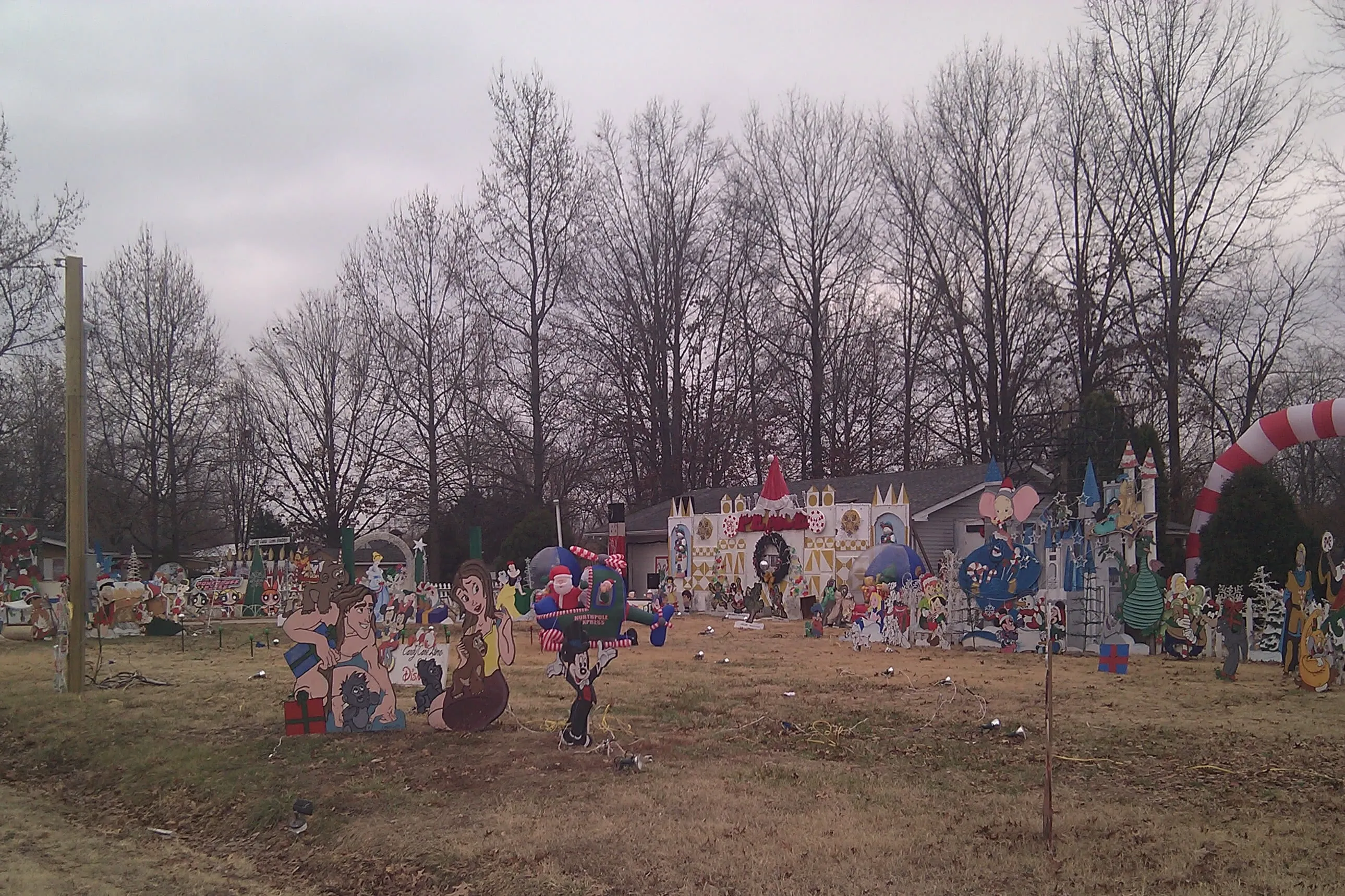an absurd amount of wooden Christmas theme standups in a yard